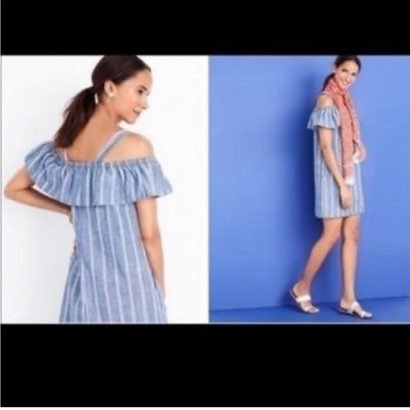 J. Crew Dresses & Skirts - J. Crew Off the Shoulder Ruffle Striped Chambray Dress Small